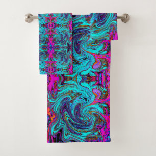 Aqua Blue and Black Groovy Abstract Retro Art Bath Towel Set
