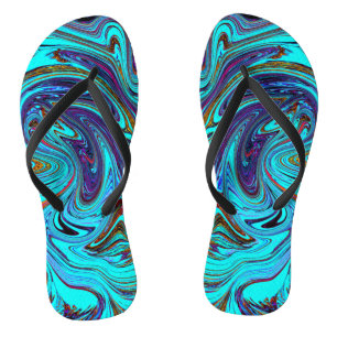Aqua Blue and Black Groovy Abstract Retro Art Flip Flops
