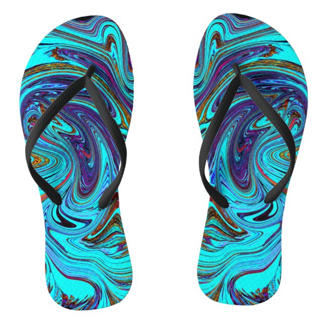 Aqua Blue and Black Groovy Abstract Retro Art Flip Flops (Footbed)