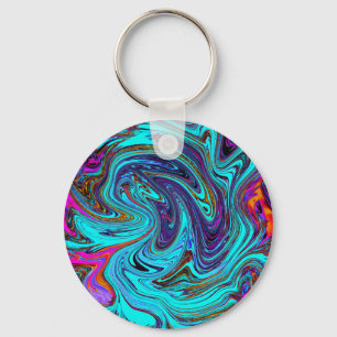 Aqua Blue and Black Groovy Abstract Retro Art Keychain