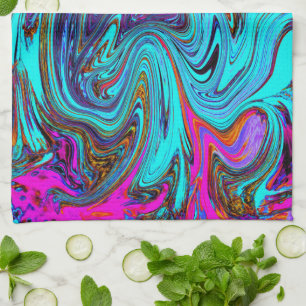 Aqua Blue and Black Groovy Abstract Retro Art Kitchen Towel