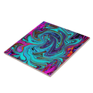 Aqua Blue and Black Groovy Abstract Retro Art Tile