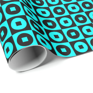 Aqua Blue and Black Square Circle Wrapping Paper