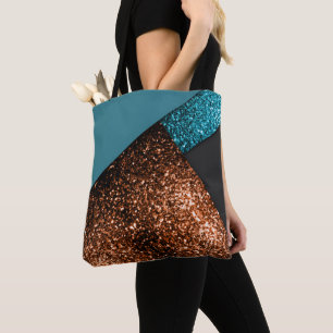 Aqua blue and bronze sparkles modern colour block tote bag
