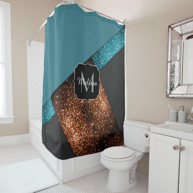 Aqua blue and bronze sparkles modern Monogram (In Situ)