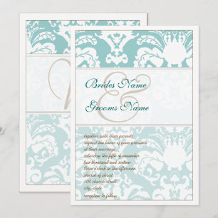 Aqua Blue and Brown Damask Wedding Invitation