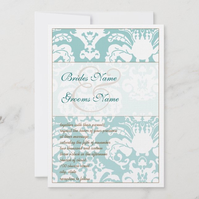 Aqua Blue and Brown Damask Wedding Invitation (Front)