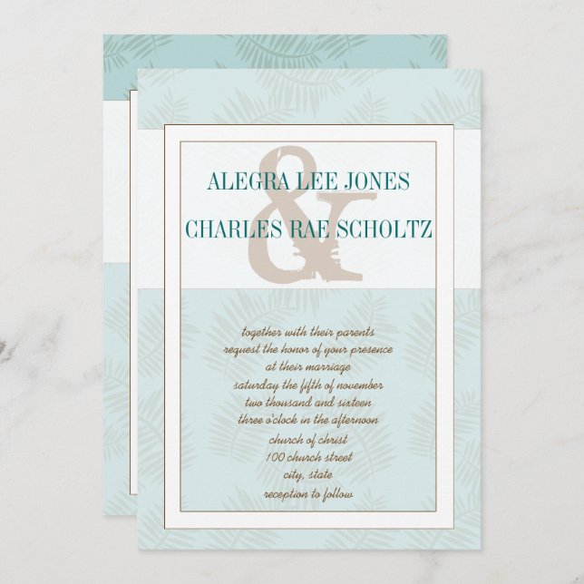 Aqua Blue and Brown Leaves Wedding Invitation (Front/Back)