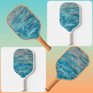 Aqua Blue and Coral Tropical Water with Name Pickleball Paddle