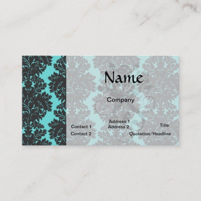 aqua blue and dark grey damask pattern business card (Front)
