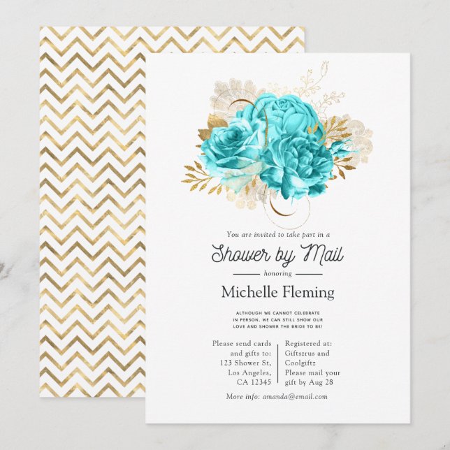 Aqua Blue and Gold Floral Shower by Mail Invitation (Front/Back)