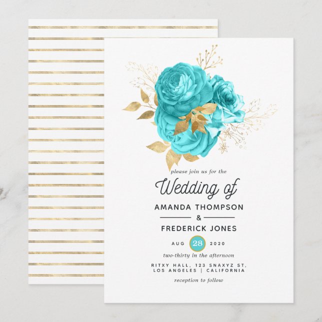 Aqua Blue and Gold Floral Wedding Invitation (Front/Back)