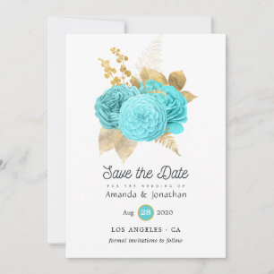 Aqua Blue and Gold Floral Wedding Save The Date