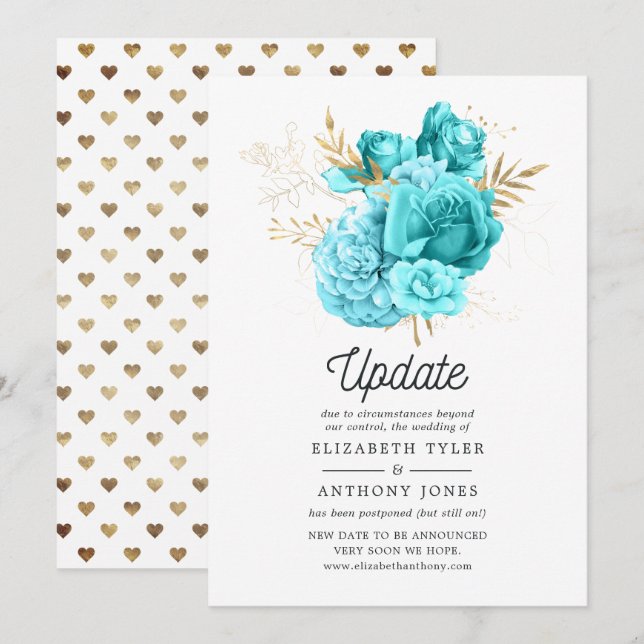 Aqua Blue and Gold Floral Wedding Update Invitation (Front/Back)