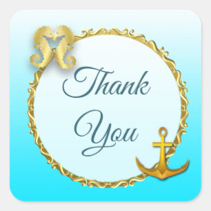Aqua Blue and Gold Nautical Thank You Stickers