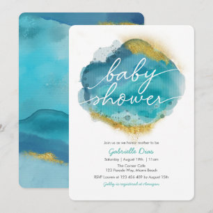 Aqua Blue and gold Ocean Baby Shower invitation