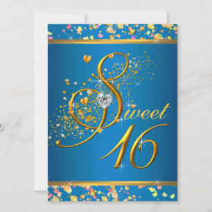 Aqua Blue and Gold Sweet Sixteen Party Invitation