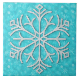 Aqua Blue and Gray Snow Snowflake Holiday Art Tile