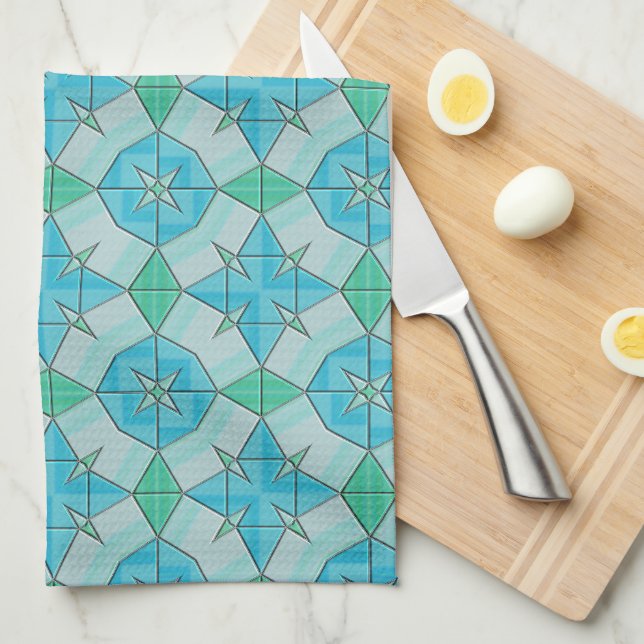 Aqua Blue and Green Geometric Tiled Pattern Kitchen Towel (Quarter Fold)