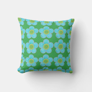 Aqua Blue and Green Polkadots Digital Flowers Throw Pillow