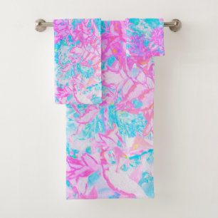 Aqua Blue and Hot Pink Hydrangea Landscape Bath Towel Set