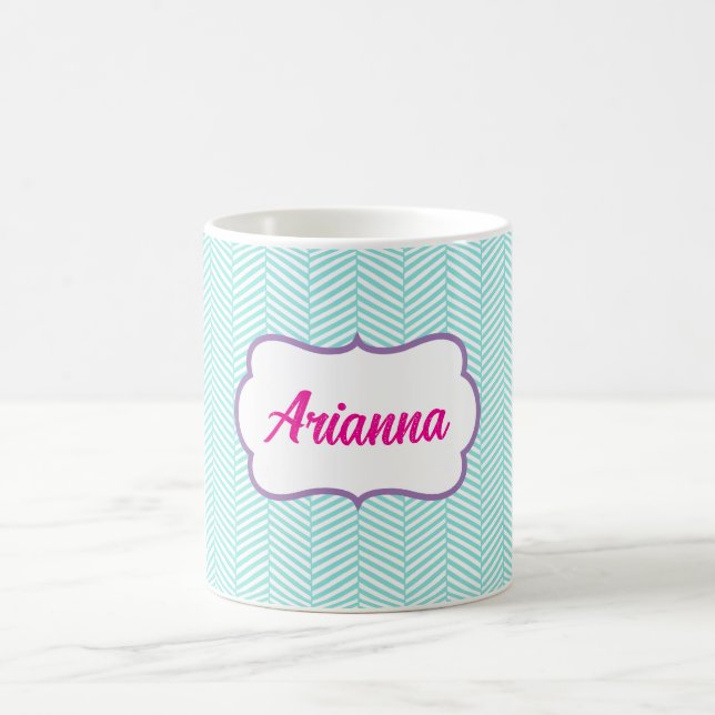 Aqua Blue and Lavender Purple Chevron Name Coffee Mug (Center)