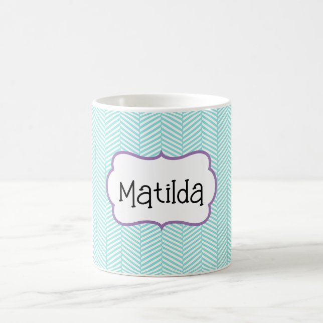 Aqua Blue and Lavender Purple Chevron Name Coffee Mug (Center)