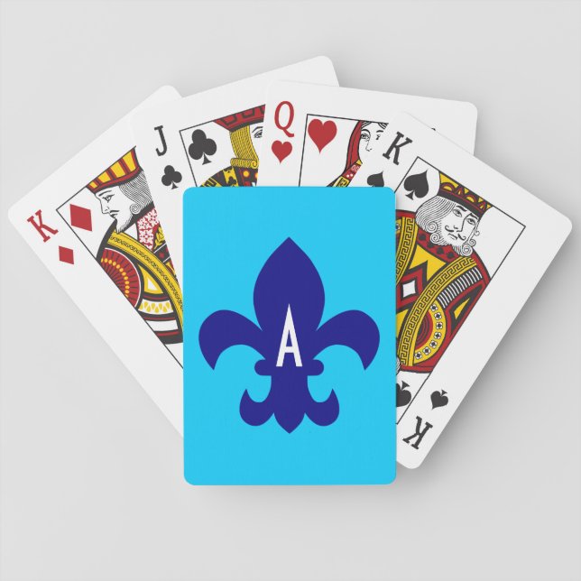 Aqua Blue and Navy Fleur de Lis Monogram Playing Cards (Back)