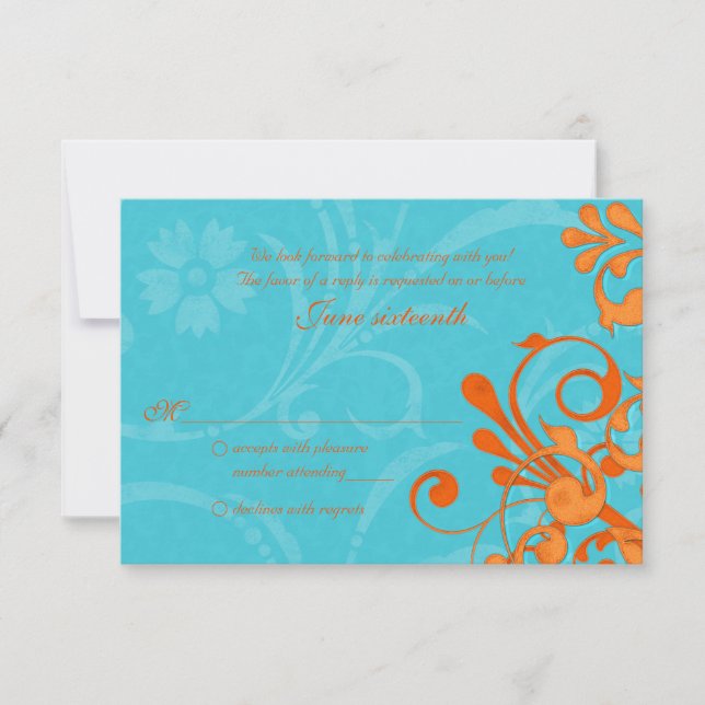 Aqua Blue and Orange Abstract Floral Response Card (Front)