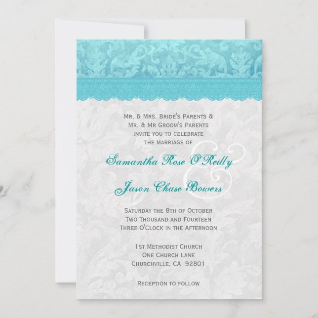 Aqua Blue and Silver Wedding Lace V200 Invitation (Front)