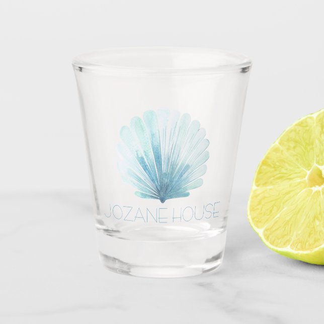 Aqua Blue and White Coastal Seashell Personalized Shot Glass (Front)