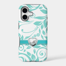 Aqua Blue and White Damask Pattern with Monogram