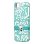 Aqua Blue and White Damask Pattern with Monogram