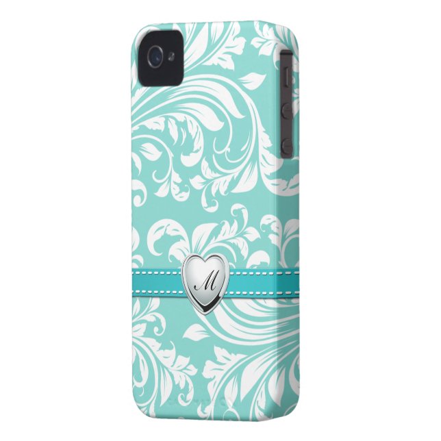 Aqua Blue and White Damask Pattern with Monogram Case-Mate iPhone Case (Back Left)