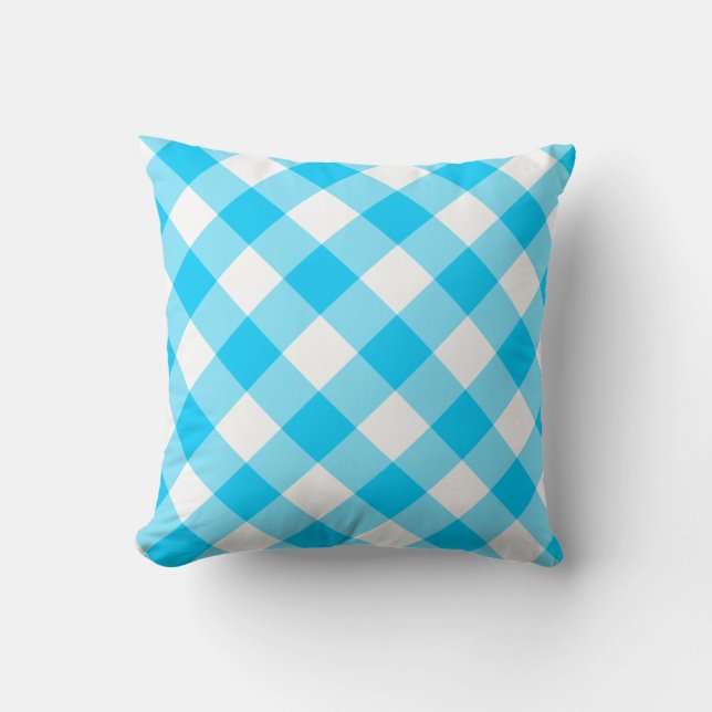 Aqua Blue and White Diagonal Gingham Pattern Throw Pillow (Front)