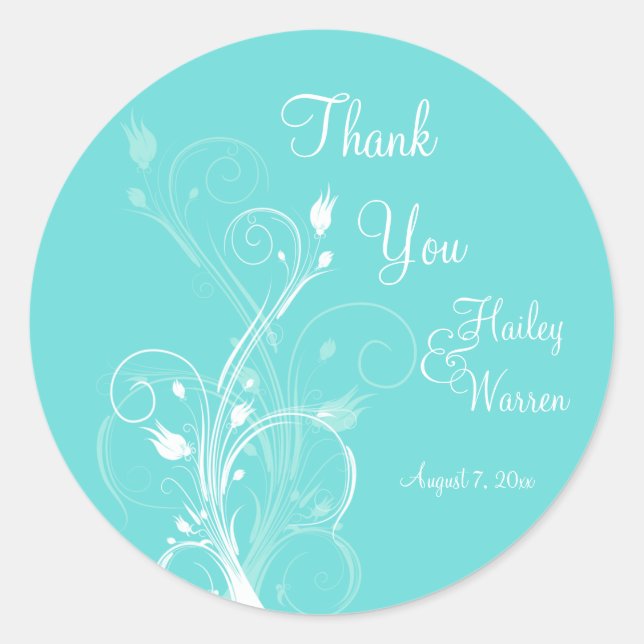 Aqua Blue and White Floral Wedding Favour Classic Round Sticker (Front)