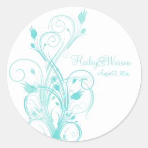 Aqua Blue and White Floral Wedding Favour Sticker