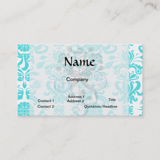 aqua blue and white intricate damask pattern business card (Front)