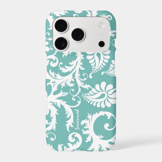 Aqua Blue And White Personalized Damask iPhone (Back)