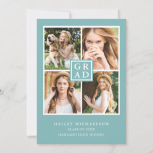 Aqua Blue and White Photo Collage Graduation Announcement