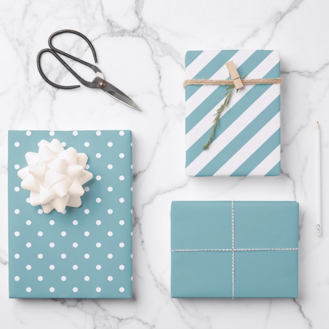 Aqua Blue and White Polka Dot and Stripe  Wrapping Paper Sheet (Front)