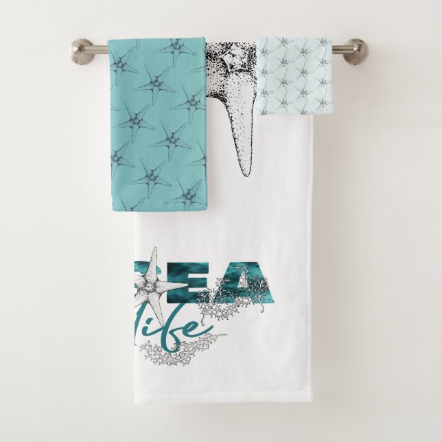 Aqua blue and white sea life typography starfish bath towel set (Insitu)