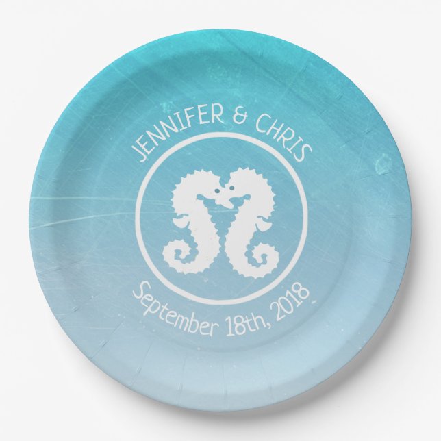 Aqua Blue and White Seahorse  Paper Plates (Front)
