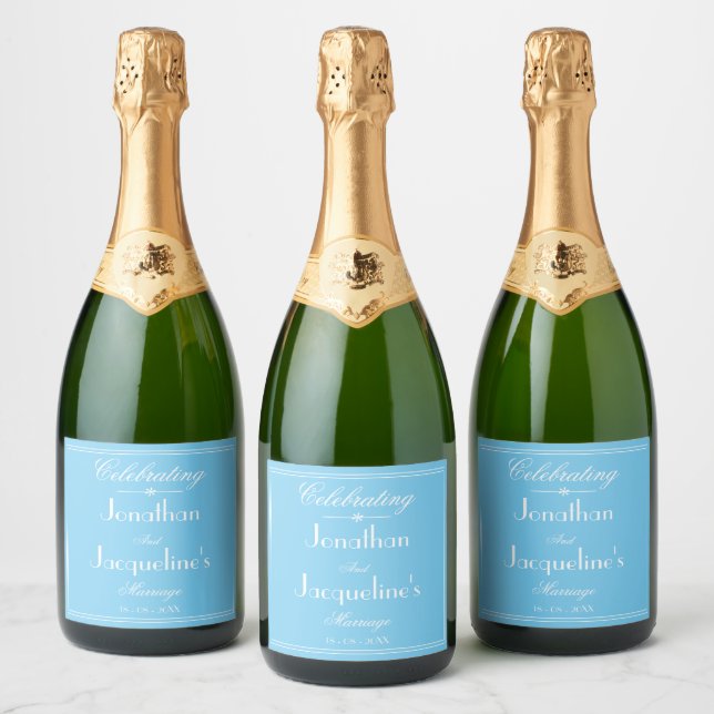 Aqua Blue And White Simple Chic Script Wedding  Sparkling Wine Label (Bottles)