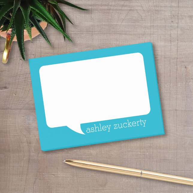Aqua Blue and White Talk Bubble Personalized Name Post-it Notes (A fun talk bubble design for a personalized post-it notepad. Add your name for a fun office gift.)