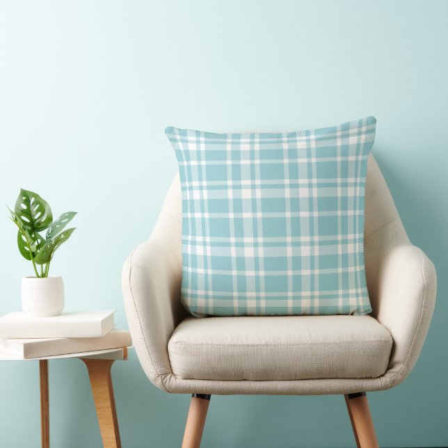 Aqua Blue and White Tartan Plaid Pattern Throw Pillow (Chair)