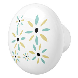 Aqua Blue And Yellow Mid Century Flowers Ceramic Knob