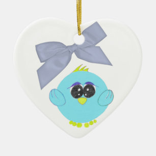 Aqua Blue Baby Bird Heart Ornament