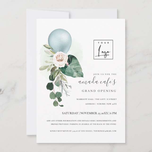 Aqua Blue Balloon Flora Logo Grand Opening Invite  (Front)