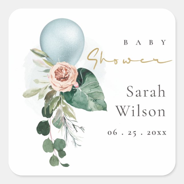 AQUA BLUE BALLOON PEACH FLORAL BUNCH BABY SHOWER SQUARE STICKER (Front)
